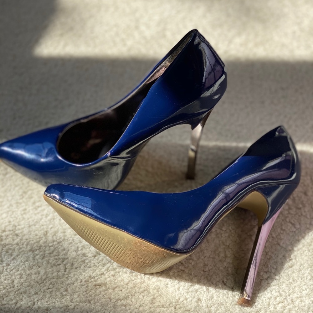 Navy patent leather w/ silver heels by Liliana